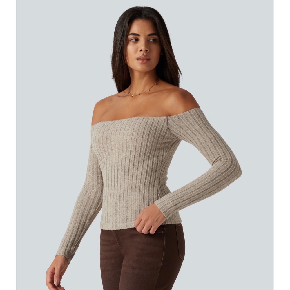 Halara Ribbed Knit Off Shoulder Long Sleeve Built-in Bra Casual Top Oatmeal M